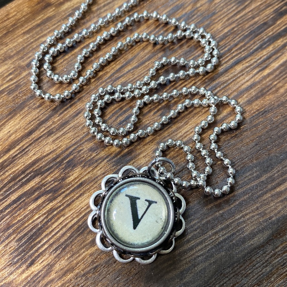 Typewriter charm letter V necklace